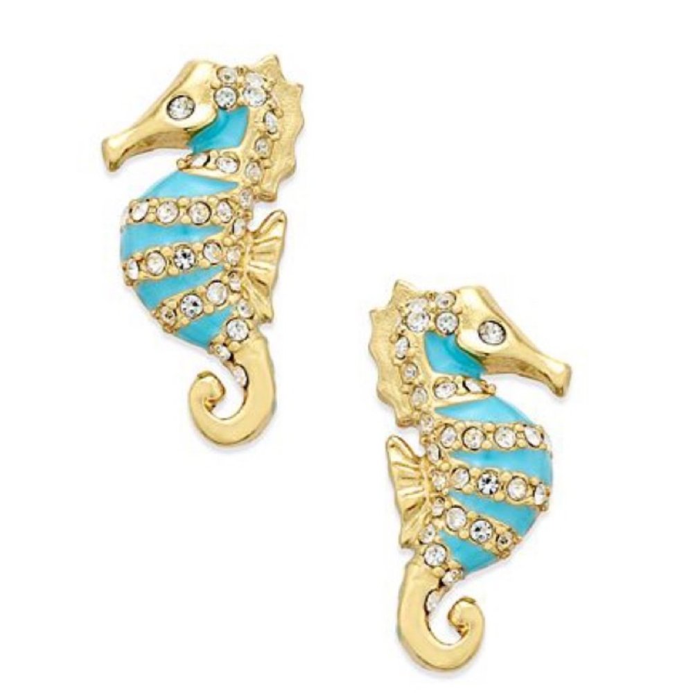 kate spade blue enamel crystal seahorse earrings marine animal cute adorable